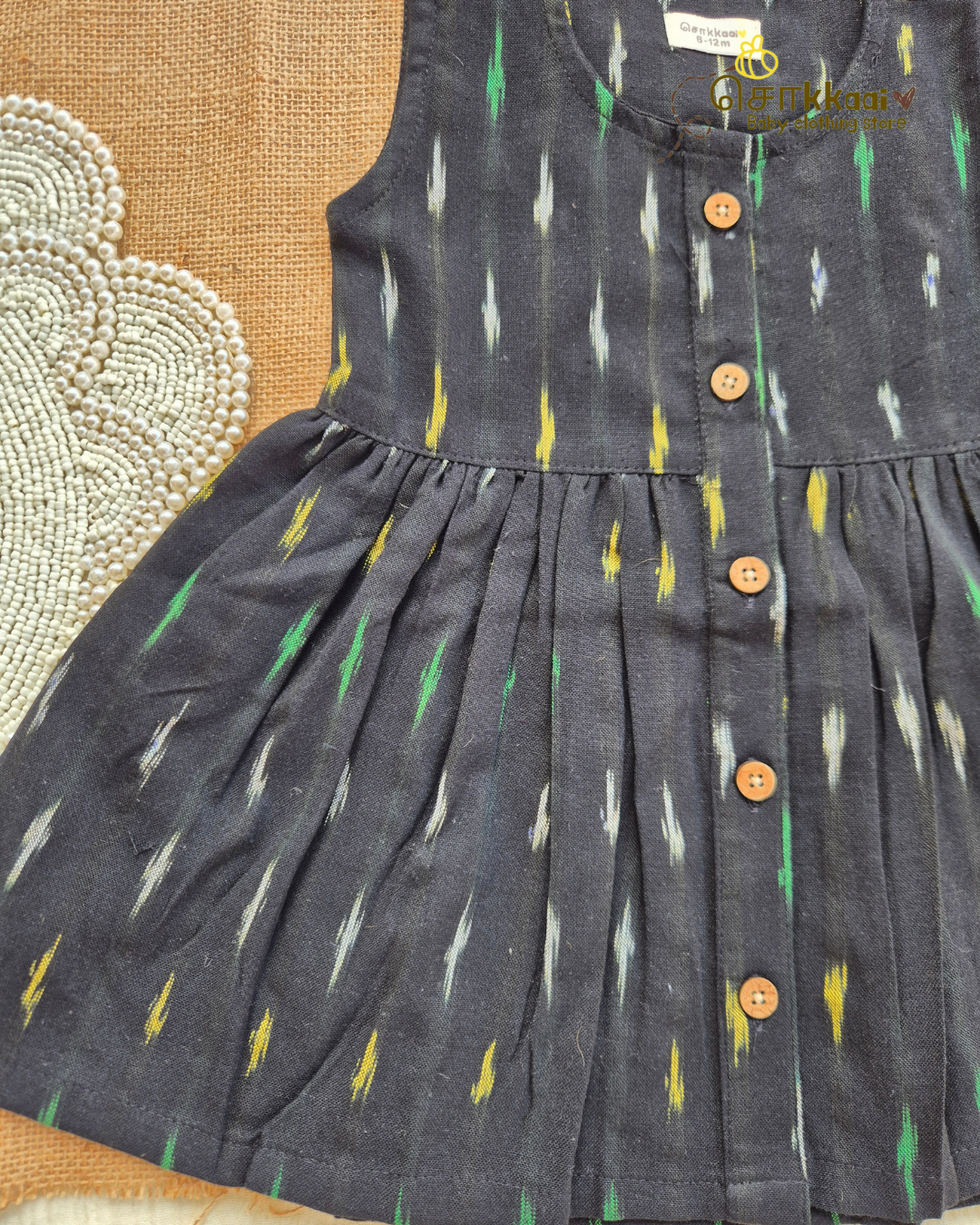 Black Ikkat Centre Button Girl Frock (NB-2years) - Sokkaai