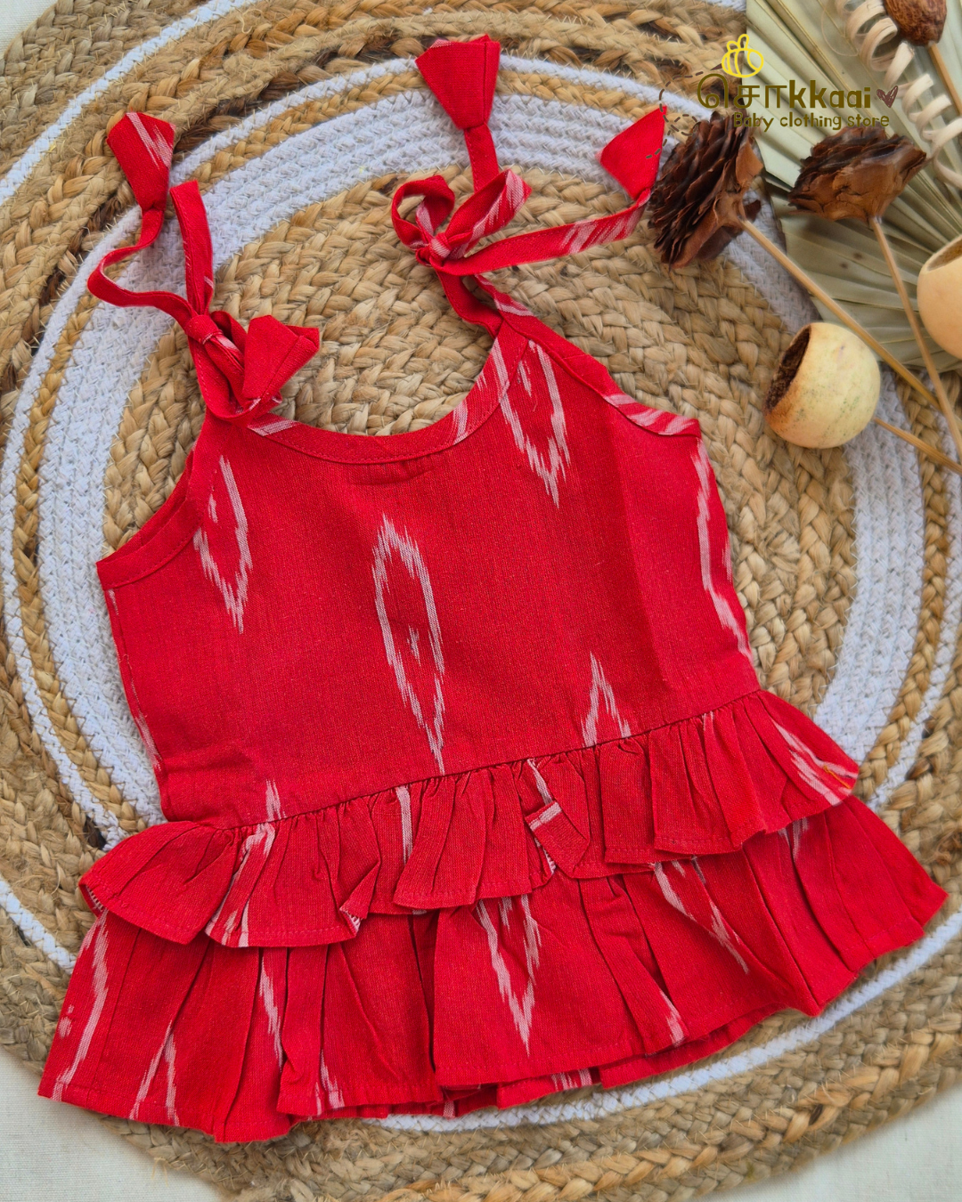 Cherry Red Ikat Frill Top with Palazzo Pants (1-6years) - Sokkaai