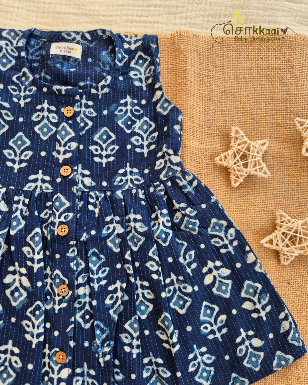 Indigo Bloom Centre Button Girl Frock (NB-2years) - Sokkaai