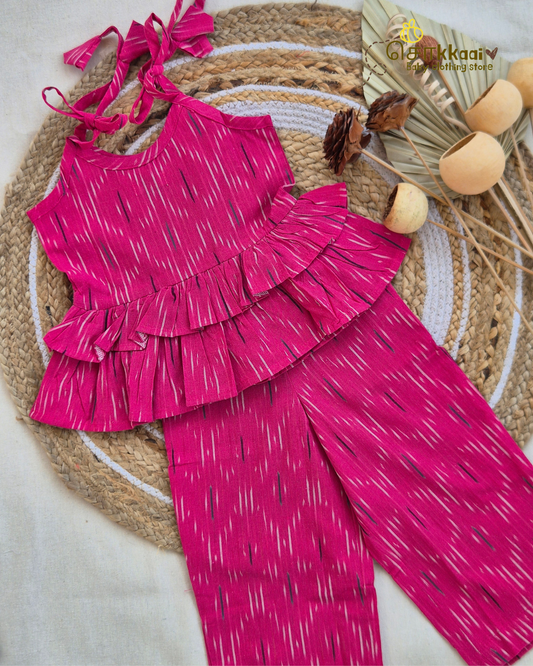 Blush Pink Ikat Frill Top with Palazzo Pants (1-6years) - Sokkaai