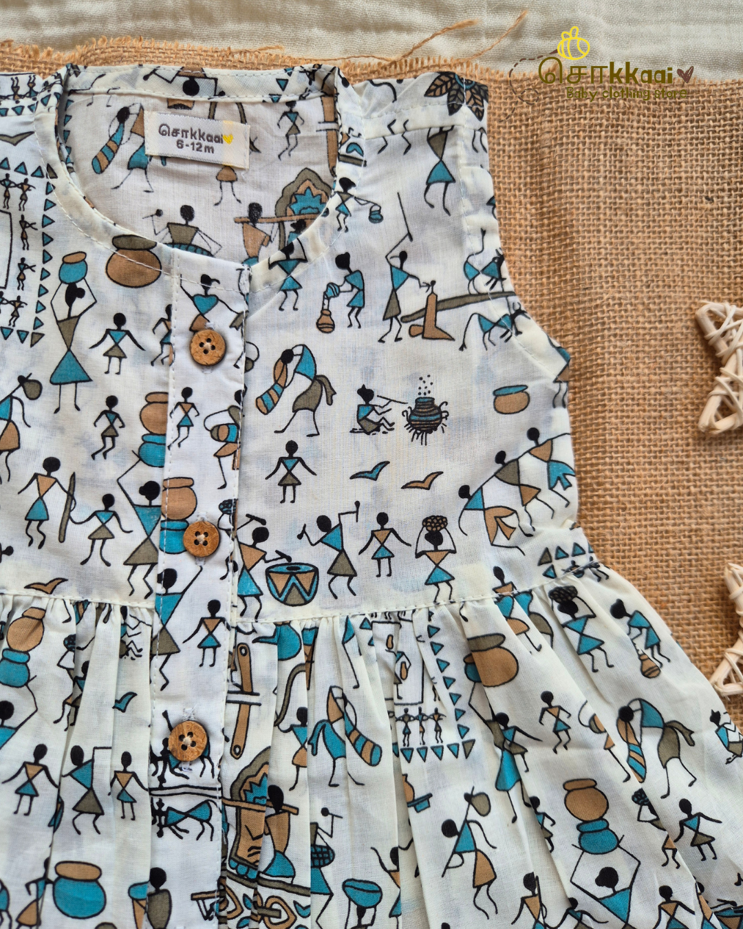 Warli Whimsy Centre Button Girl Frock (NB-2years) - Sokkaai