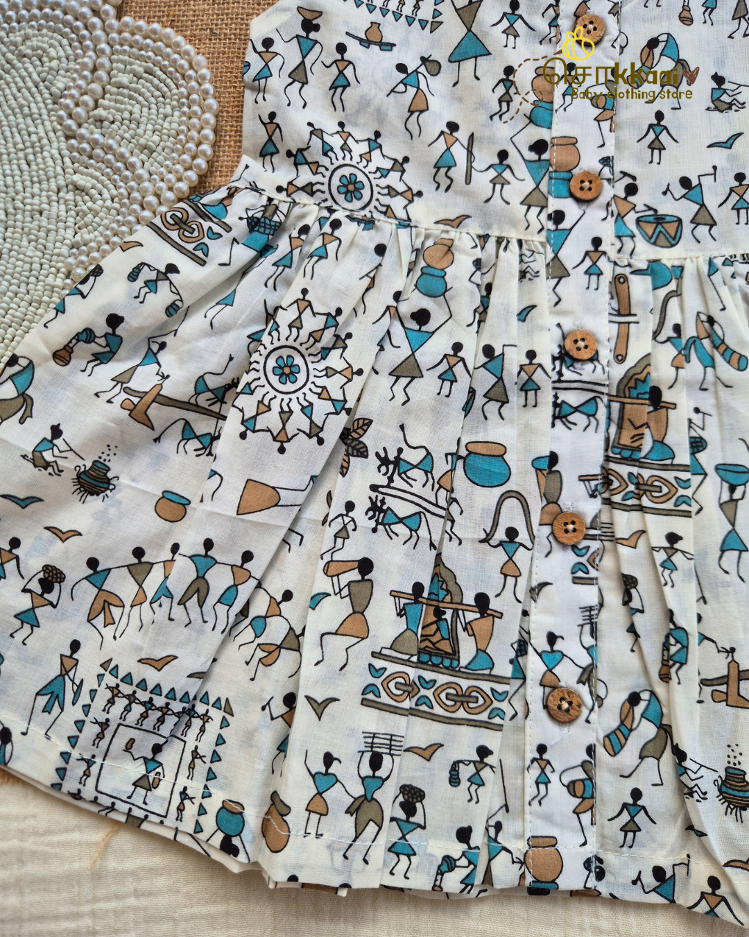 Warli Whimsy Centre Button Girl Frock (NB-2years) - Sokkaai