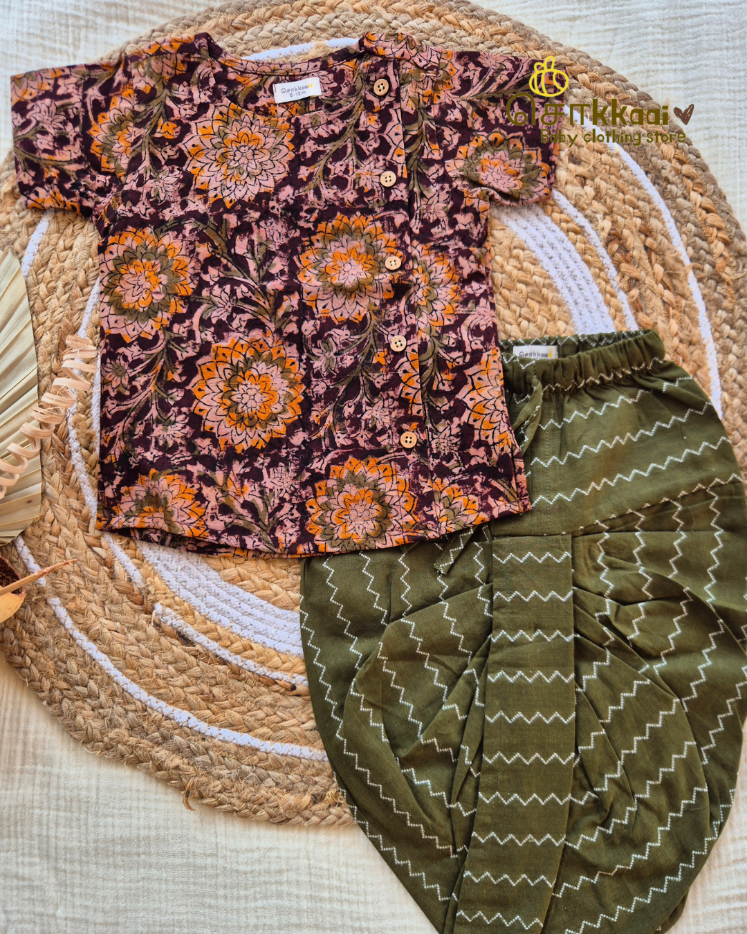 Earthy Kalamkari Top & Olive Green Dhoti Set (NB-5yrs) - Sokkaai