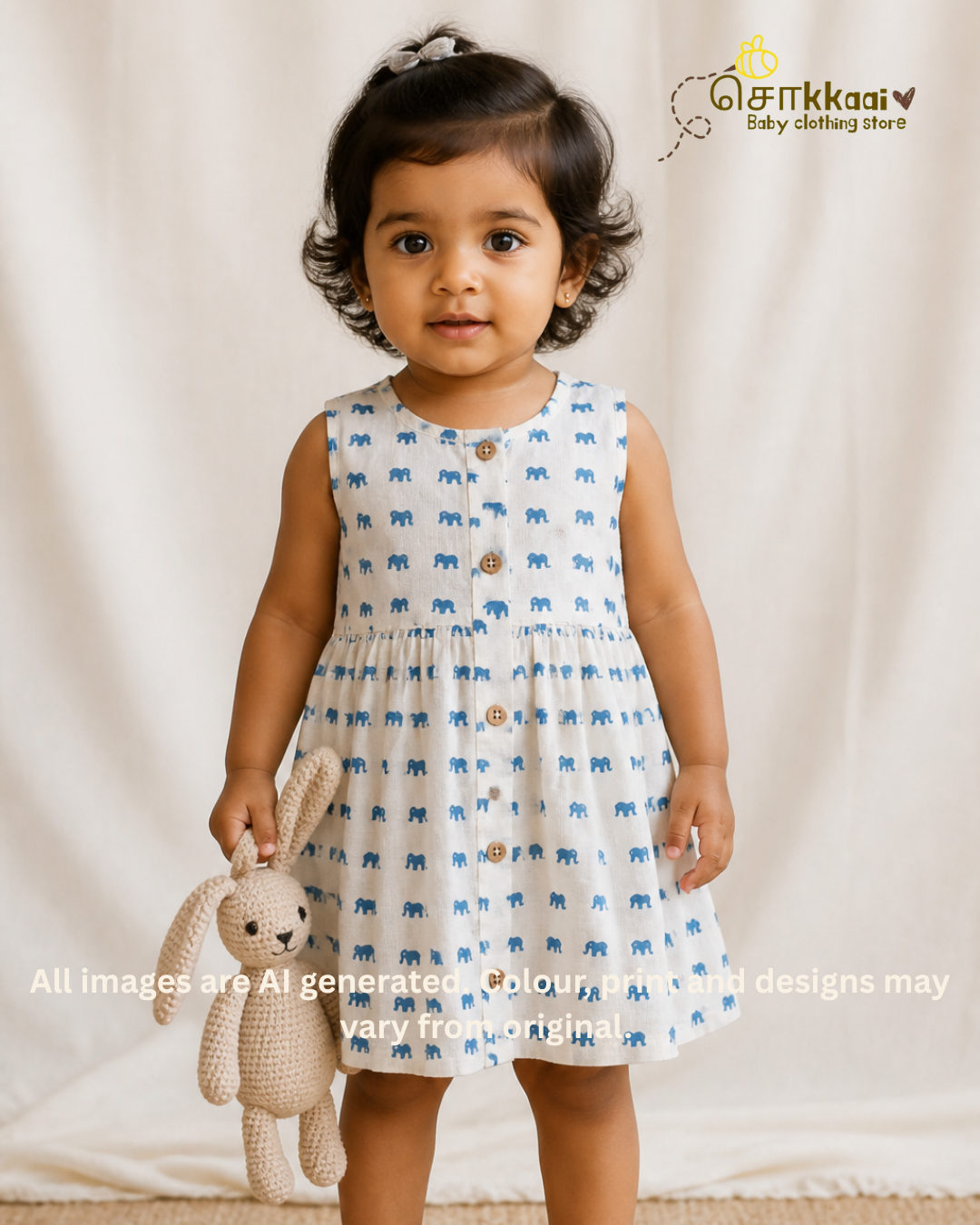 Little Blue Elephant Centre Button Girl Frock (NB-2years) - Sokkaai