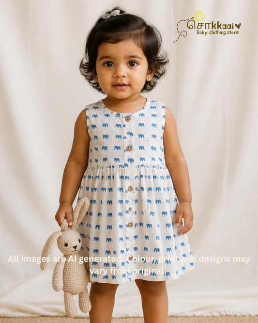 Little Blue Elephant Centre Button Girl Frock (NB-2years) - Sokkaai