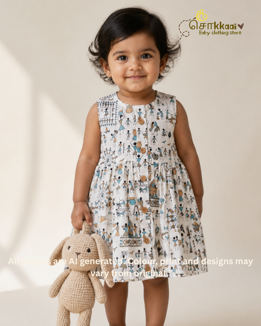 Warli Whimsy Centre Button Girl Frock (NB-2years) - Sokkaai