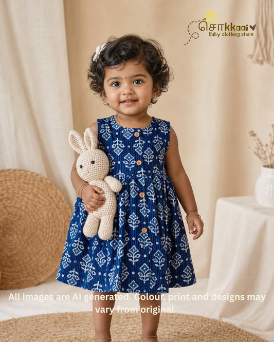 Indigo Bloom Centre Button Girl Frock (NB-2years) - Sokkaai
