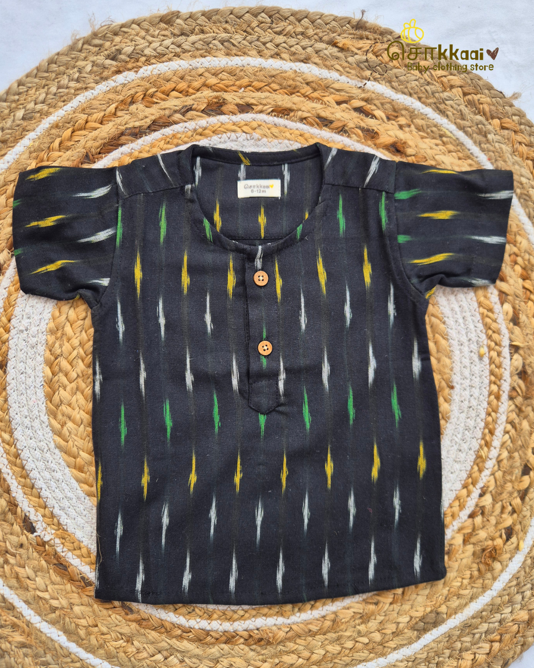 Black Ikkat Short Sleeve Kurta/ Jippa (0-6years) - Sokkaai