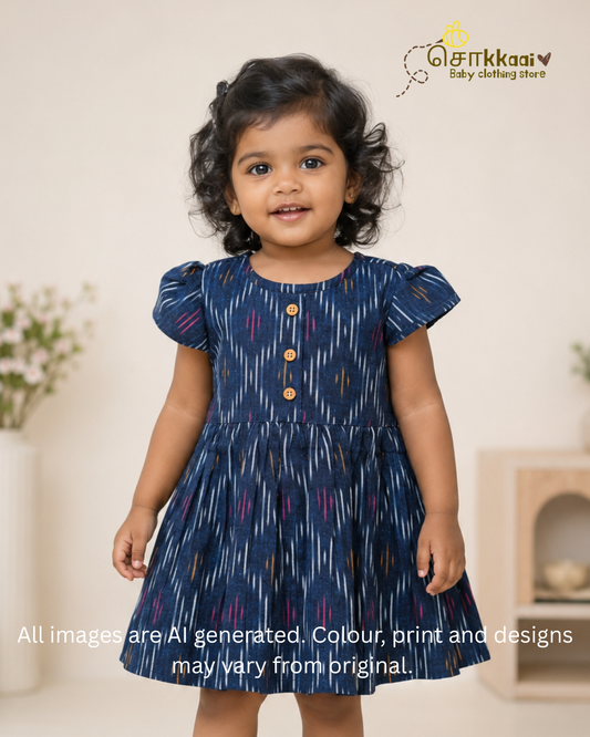 Midnight Blue Ikkat Cotton Puff Sleeve Frock (0-3years) - Sokkaai