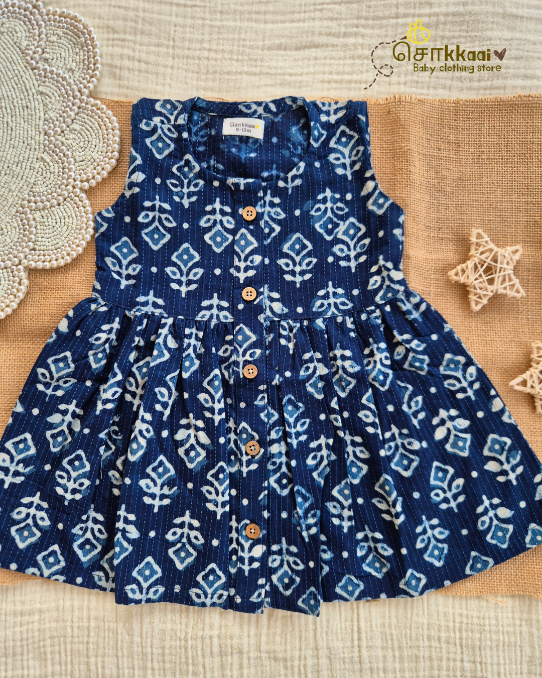 Indigo Bloom Centre Button Girl Frock (NB-2years) - Sokkaai