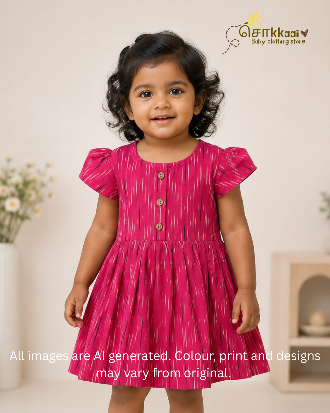 Berry Pink Ikkat Cotton Puff Sleeve Frock (0-3years) - Sokkaai