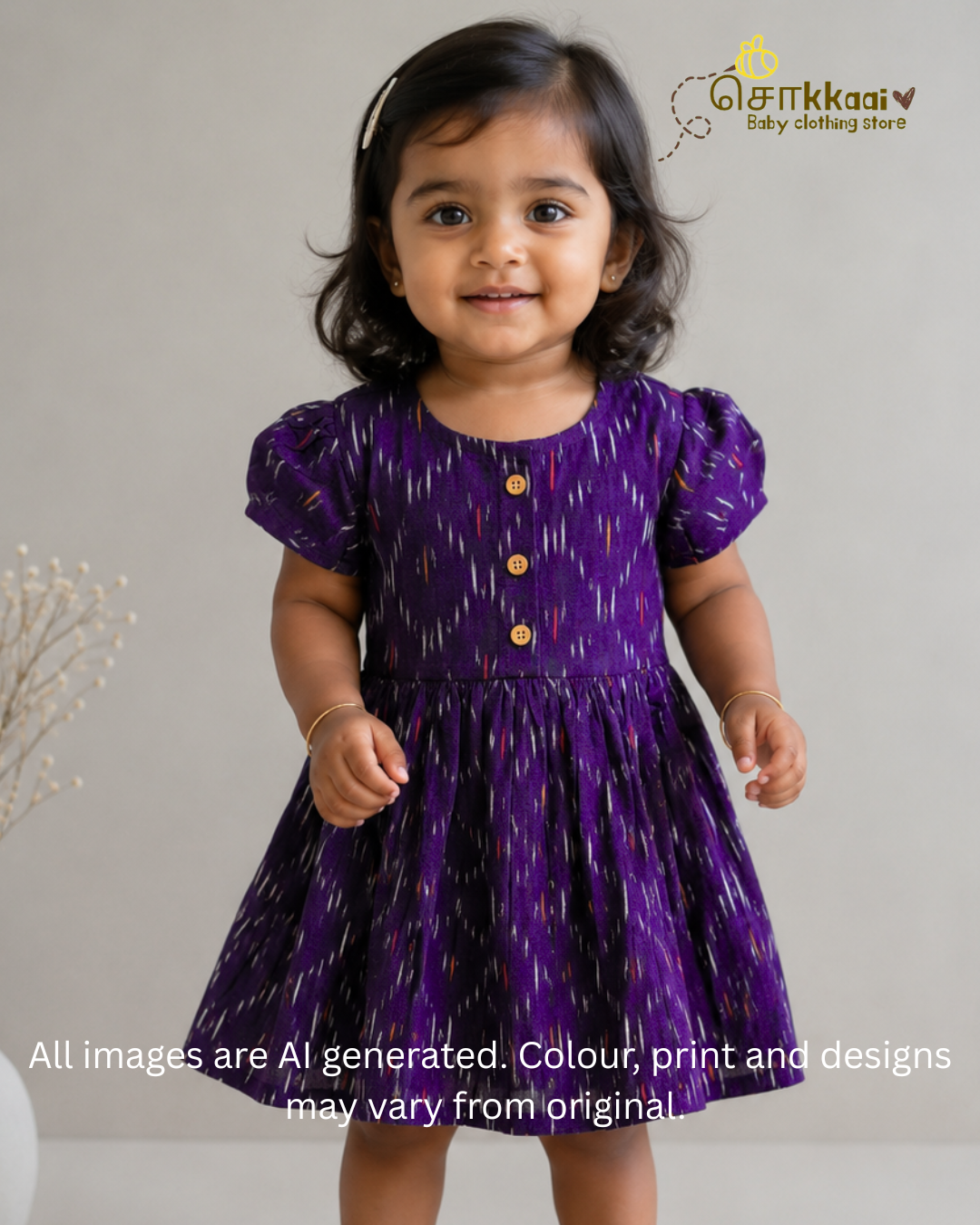 Royal Purple Ikkat Cotton Puff Sleeve Frock (0-3years) - Sokkaai