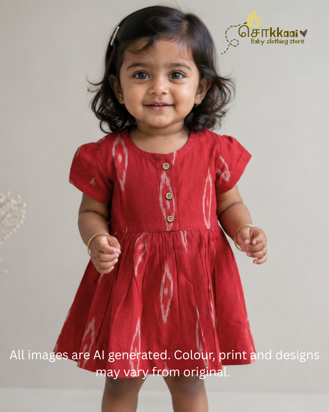 Ruby Red Ikkat Cotton Puff Sleeve Frock (0-3years) - Sokkaai