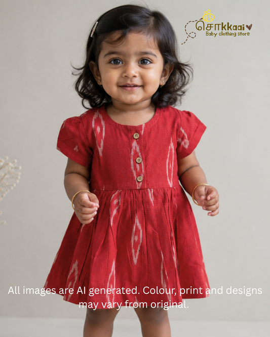 Ruby Red Ikkat Cotton Puff Sleeve Frock (0-3years) - Sokkaai