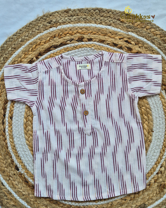Ivory Maroon Lines Ikkat Short Sleeve Kurta/ Jippa (0-6years) - Sokkaai