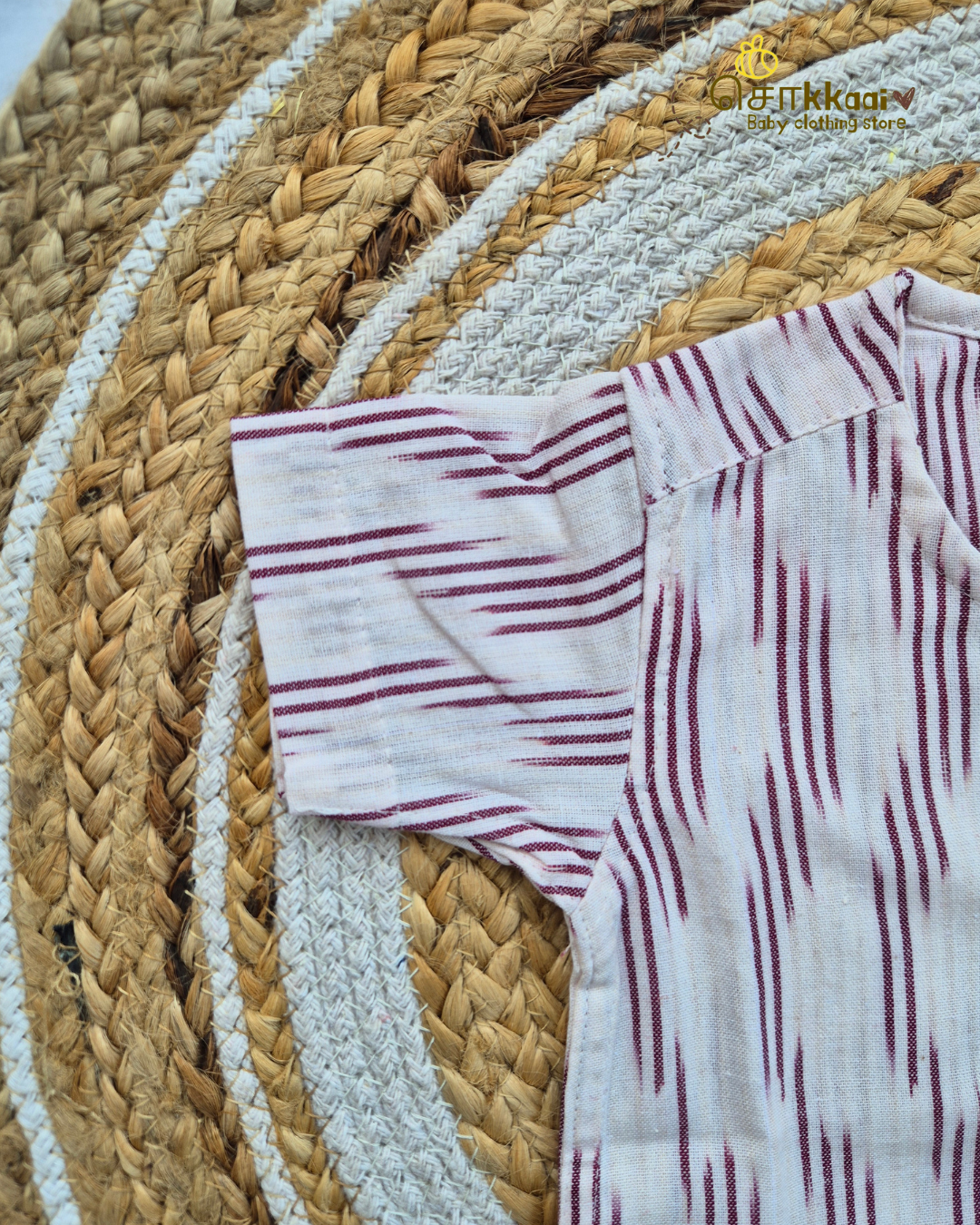 Ivory Maroon Lines Ikkat Short Sleeve Kurta/ Jippa (0-6years) - Sokkaai
