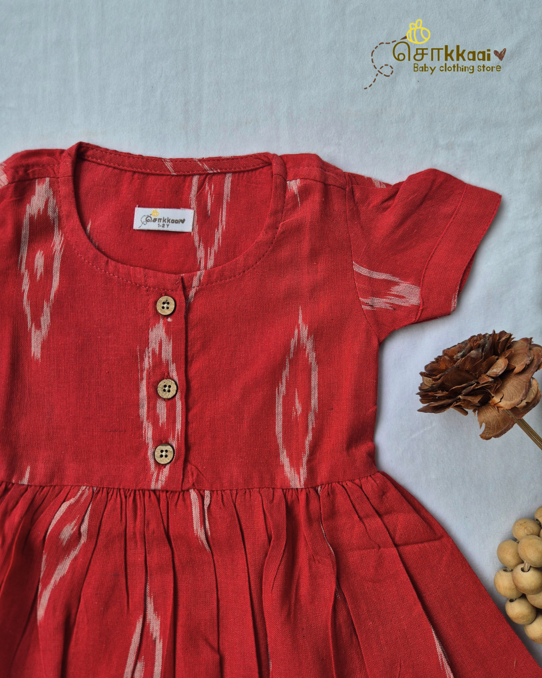 Ruby Red Ikkat Cotton Puff Sleeve Frock (0-3years) - Sokkaai