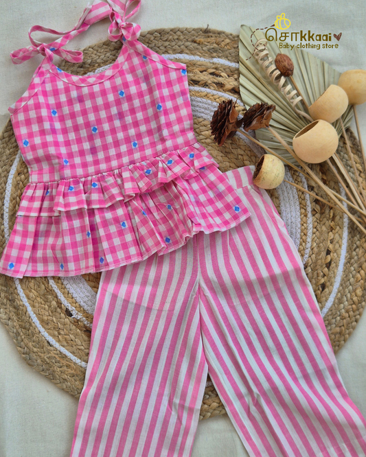 Pink Box Check Frill Top with Palazzo Pants (1-6years) - Sokkaai