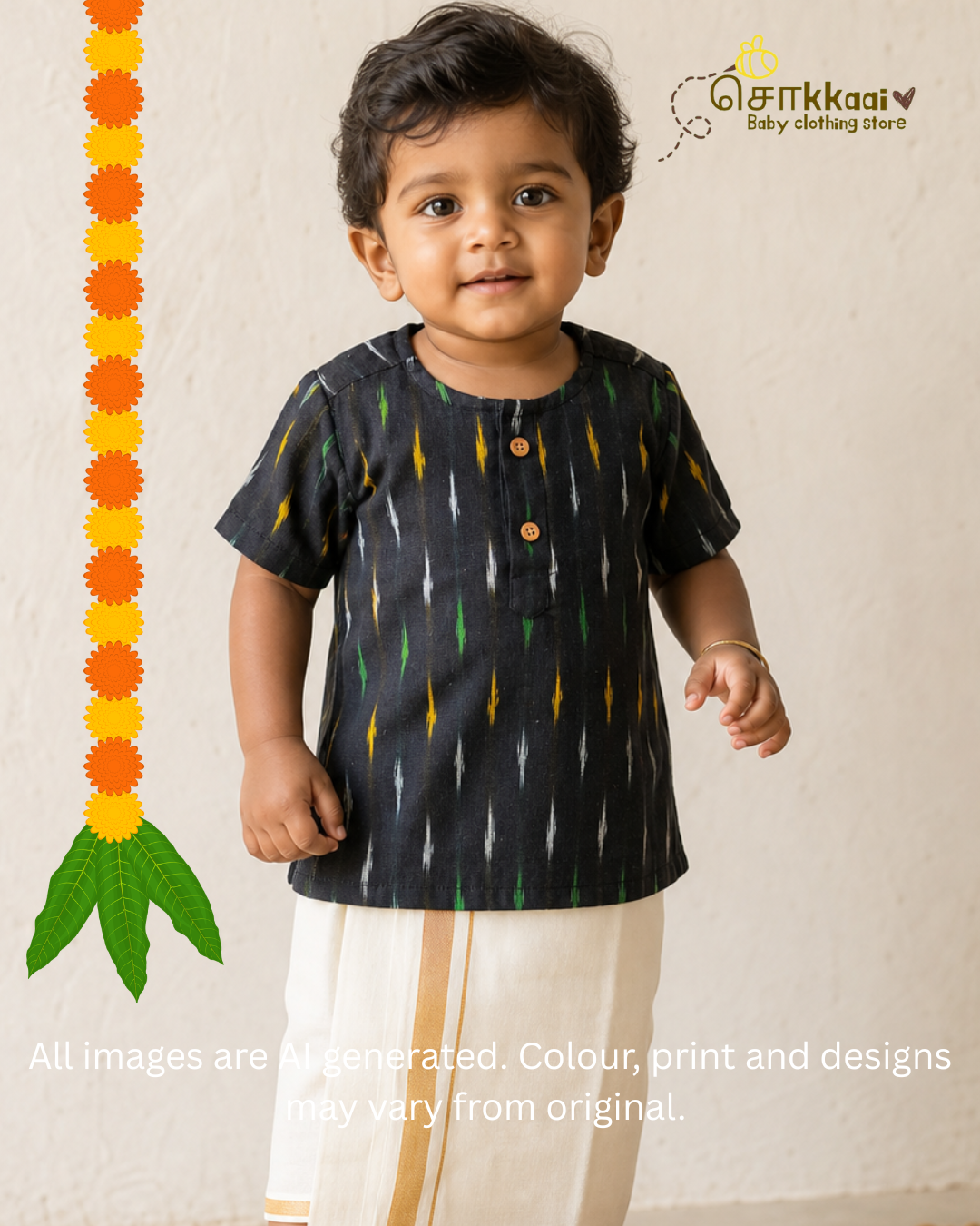 Black Ikkat Short Sleeve Kurta/ Jippa (0-6years) - Sokkaai