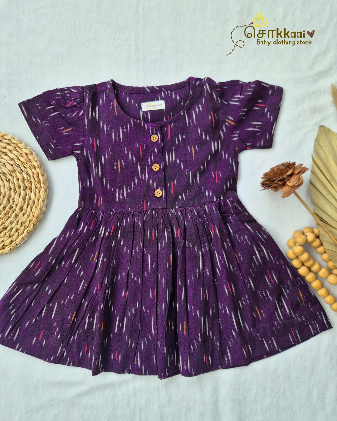 Royal Purple Ikkat Cotton Puff Sleeve Frock (0-3years) - Sokkaai