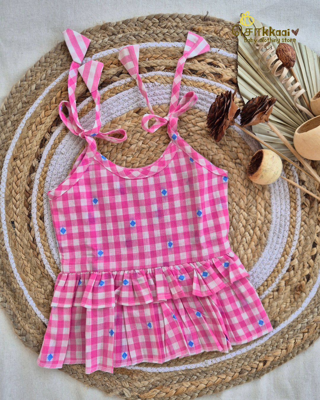 Pink Box Check Frill Top with Palazzo Pants (1-6years) - Sokkaai