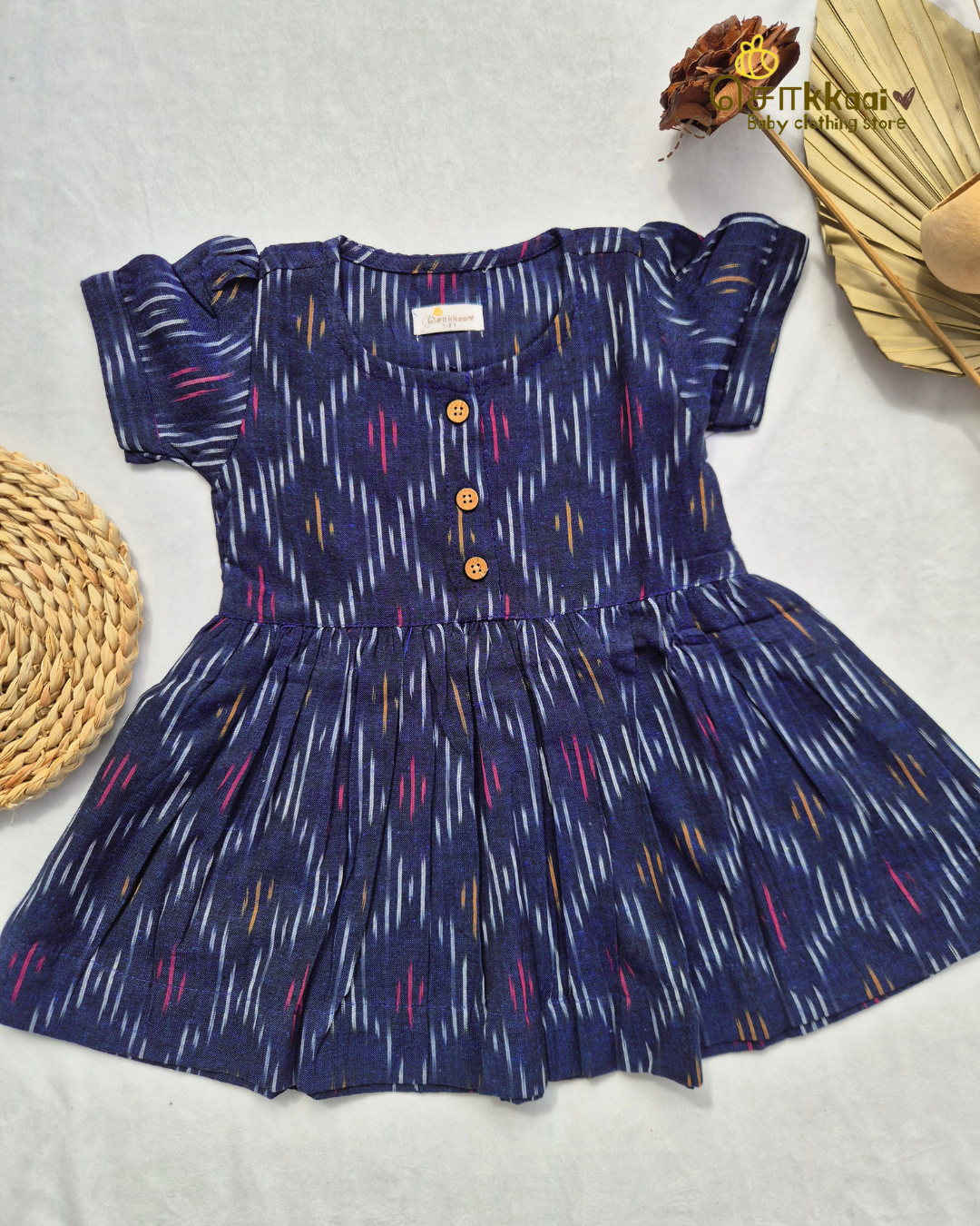 Midnight Blue Ikkat Cotton Puff Sleeve Frock (0-3years) - Sokkaai
