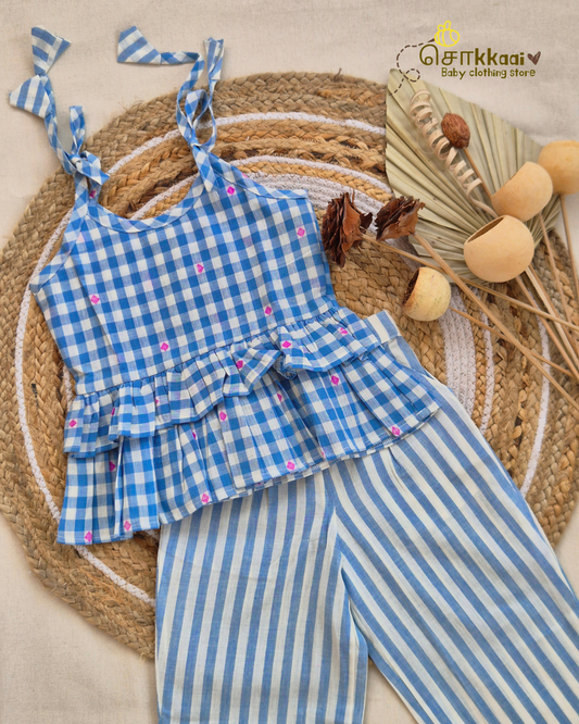Blue Box Check Frill Top with Palazzo Pants (1-6years) - Sokkaai