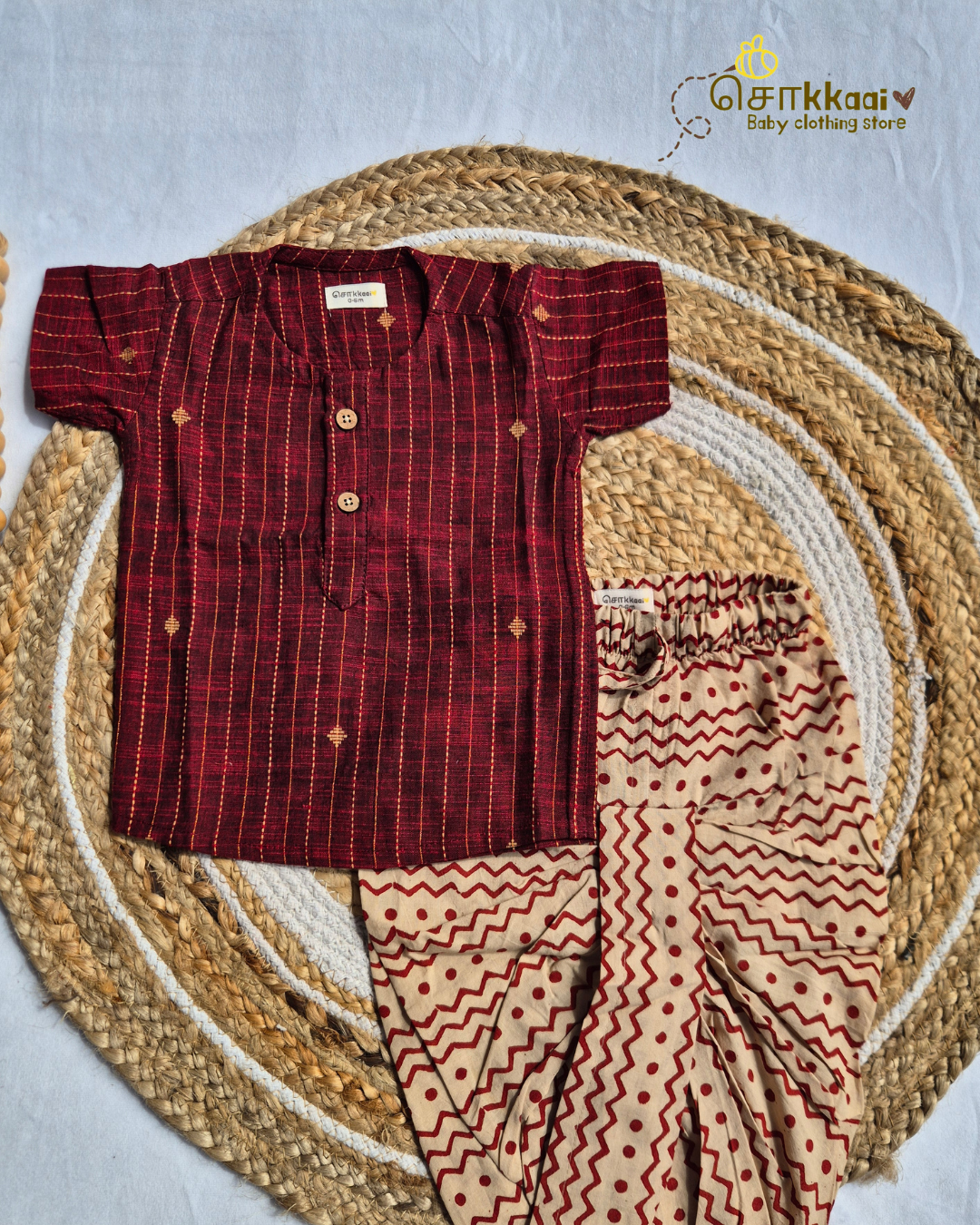 Maroon Kurta with Printed Cotton Dhoti Pants Set(0-3yrs) - Sokkaai
