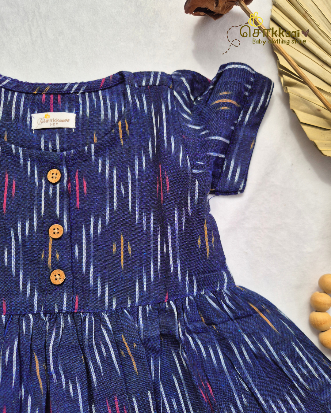 Midnight Blue Ikkat Cotton Puff Sleeve Frock (0-3years) - Sokkaai