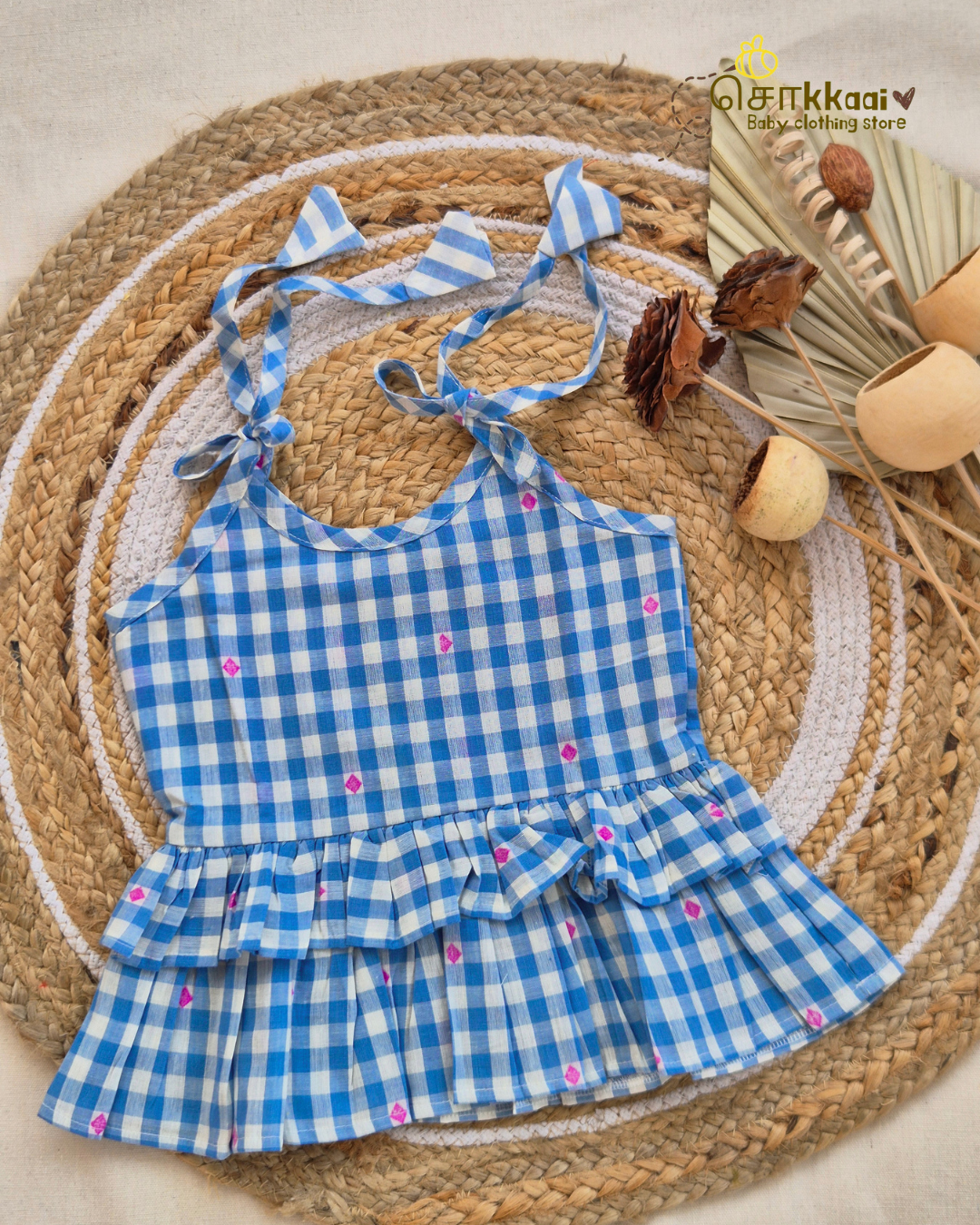 Blue Box Check Frill Top with Palazzo Pants (1-6years) - Sokkaai