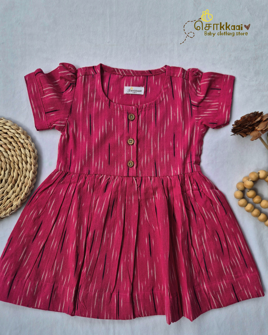 Berry Pink Ikkat Cotton Puff Sleeve Frock (0-3years) - Sokkaai
