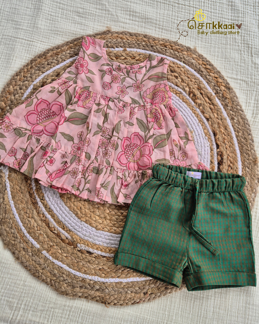 Blush Pink Floral Top & Forest Check Cotton Shorts Set (1-6years) - Sokkaai