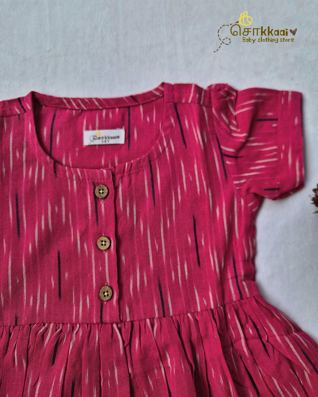 Berry Pink Ikkat Cotton Puff Sleeve Frock (0-3years) - Sokkaai