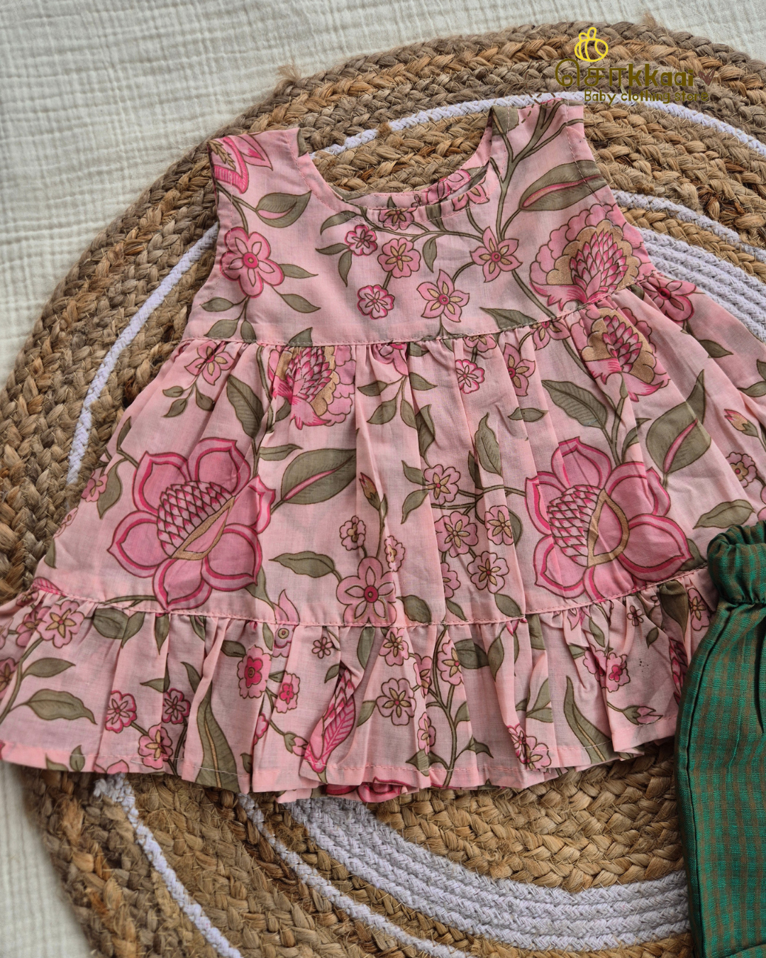 Blush Pink Floral Top & Forest Check Cotton Shorts Set (1-6years) - Sokkaai