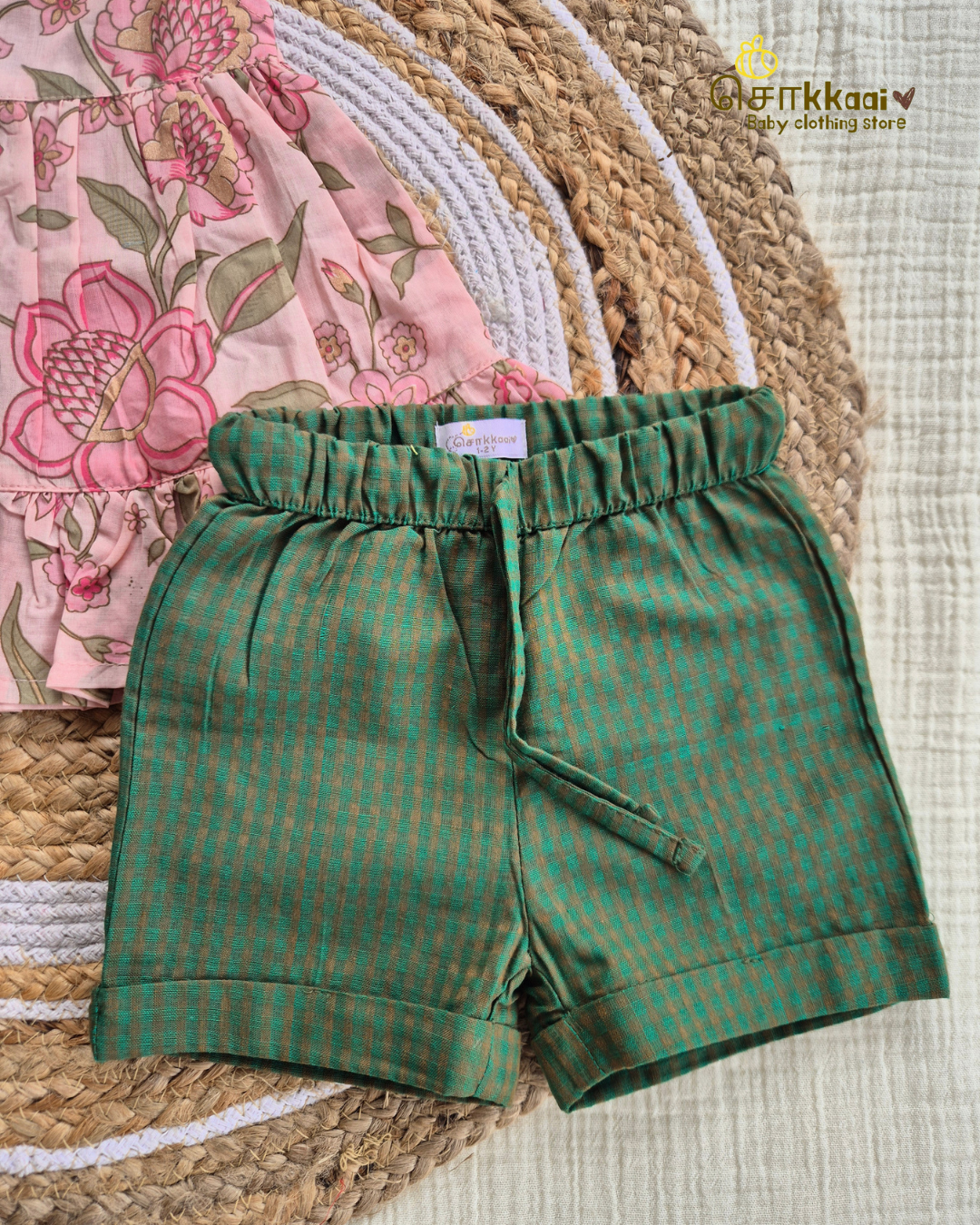 Blush Pink Floral Top & Forest Check Cotton Shorts Set (1-6years) - Sokkaai