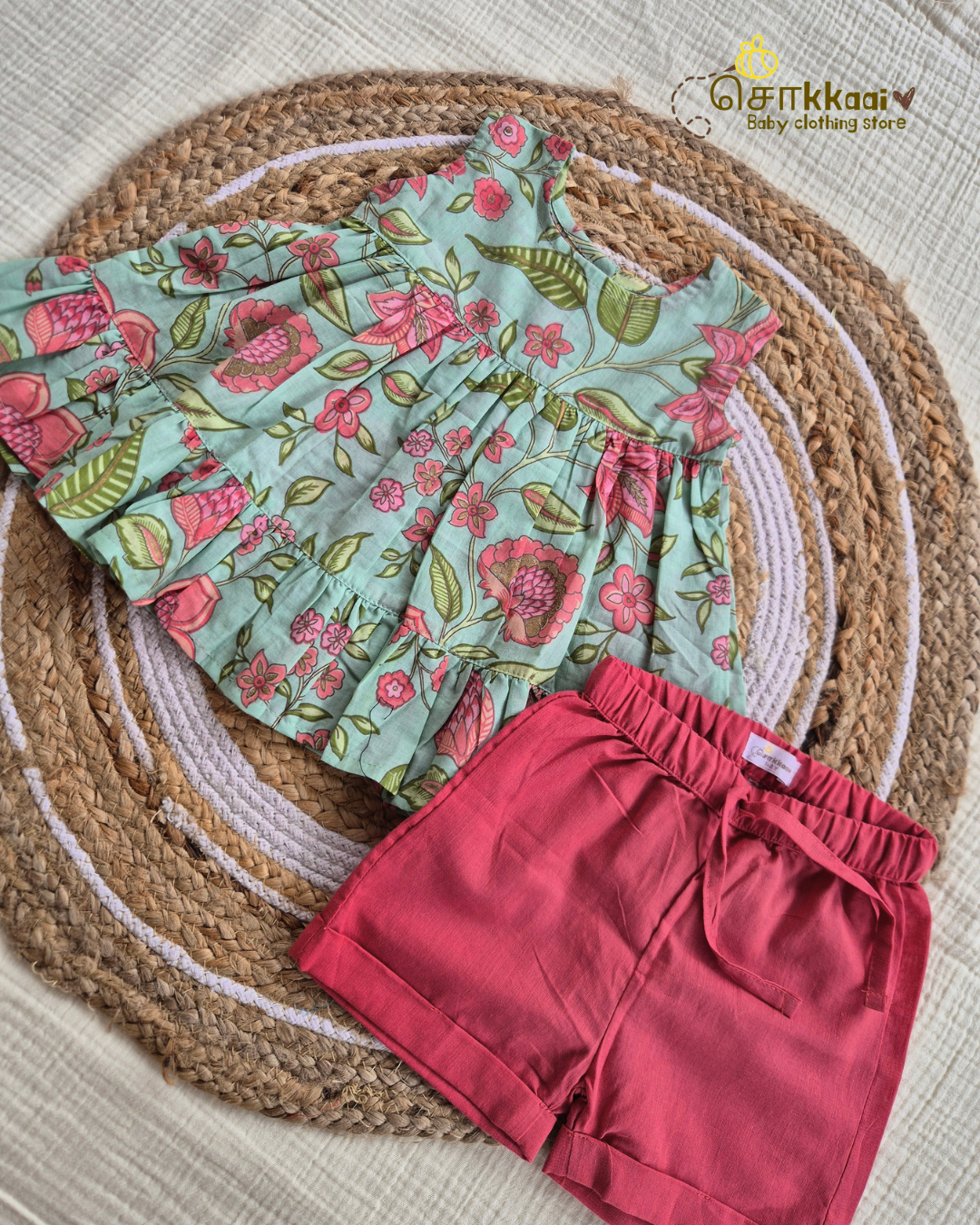 Mint Bloom Floral Top & Berry Pink Shorts set (1-6years) - Sokkaai