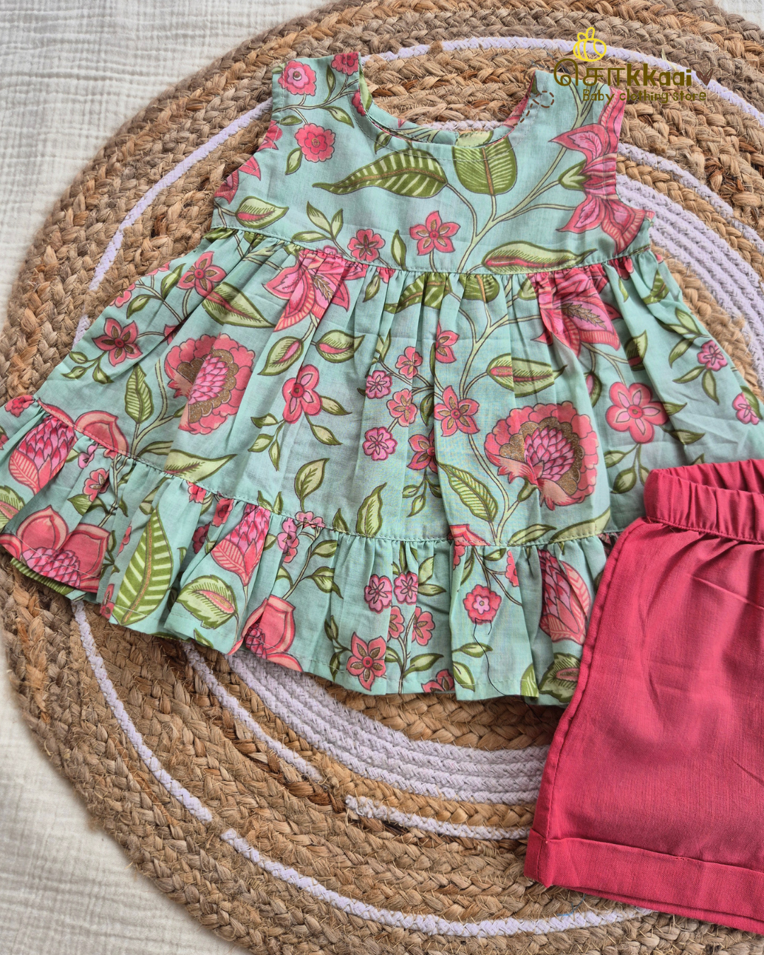 Mint Bloom Floral Top & Berry Pink Shorts set (1-6years) - Sokkaai