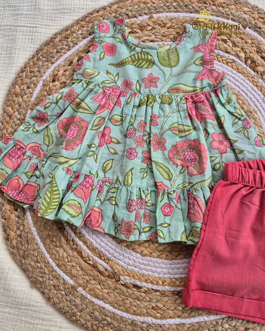 Mint Bloom Floral Top & Berry Pink Shorts set (1-6years) - Sokkaai
