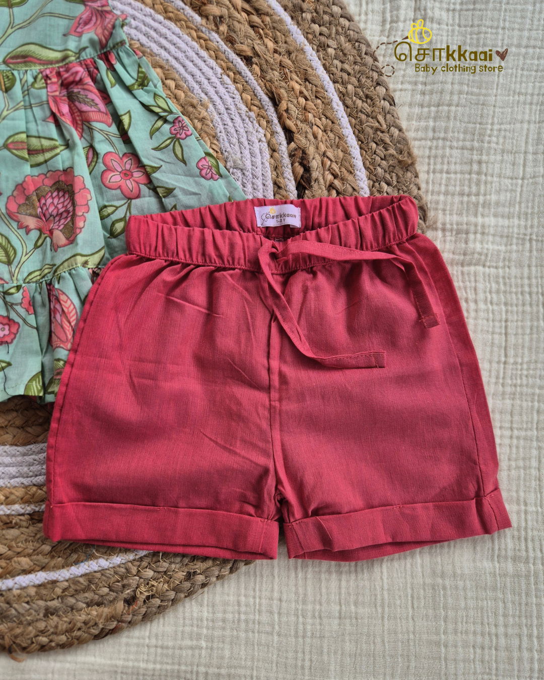 Mint Bloom Floral Top & Berry Pink Shorts set (1-6years) - Sokkaai