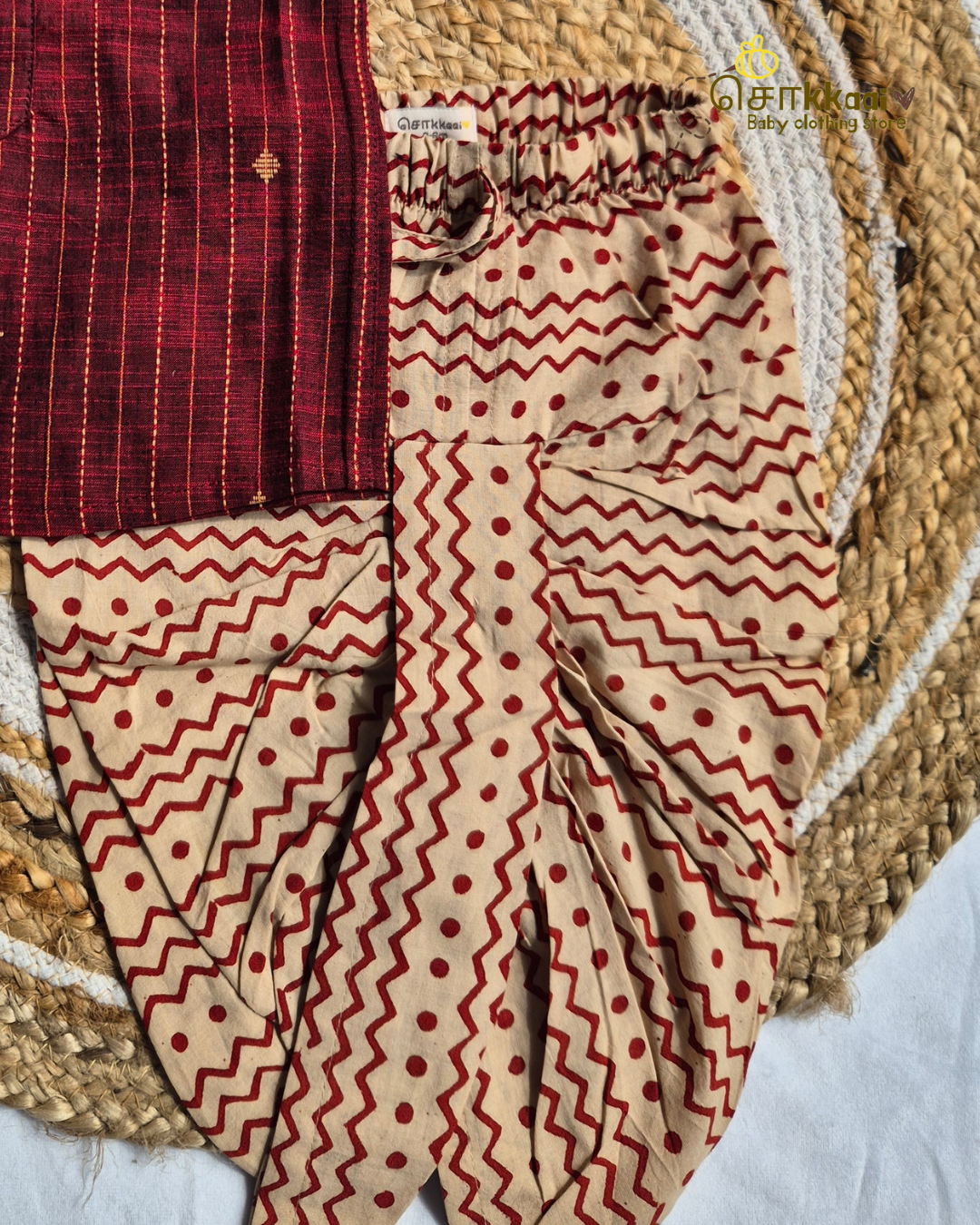 Maroon Kurta with Printed Cotton Dhoti Pants Set(0-3yrs) - Sokkaai