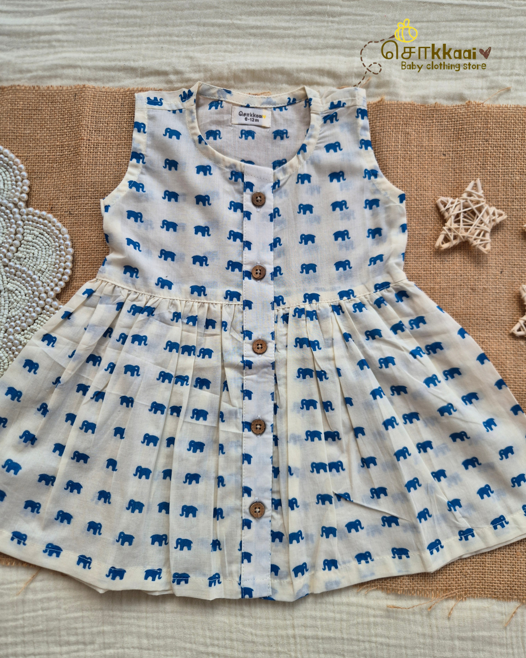 Little Blue Elephant Centre Button Girl Frock (NB-2years) - Sokkaai