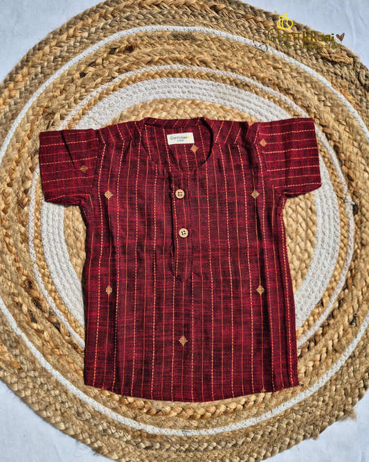 Maroon handloom Short Sleeve Kurta/ Jippa (0-5years) - Sokkaai