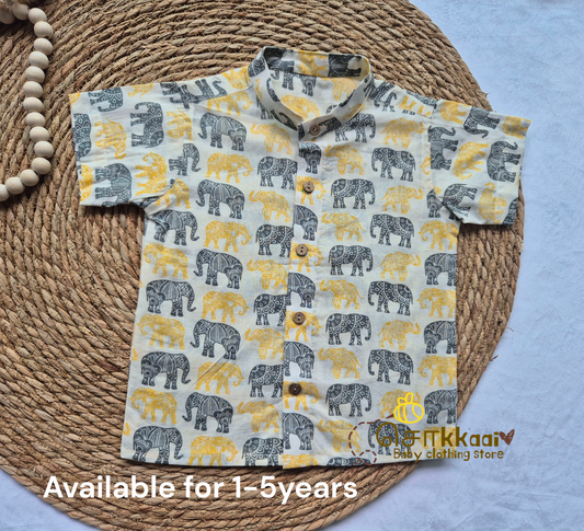 Kids Cotton Yellow Grey Elephant Shirts (1-5years)