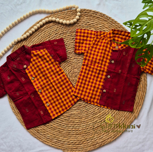 Mix Match Maroon handloom and checked Kids Cotton Shirt (0-5years) - Only shirt