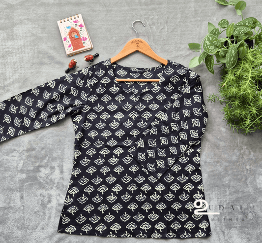 Black floral Womens short top - S to 2XL