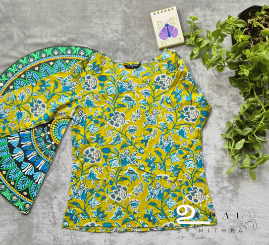 Light green floral Womens short top - S to 2XL