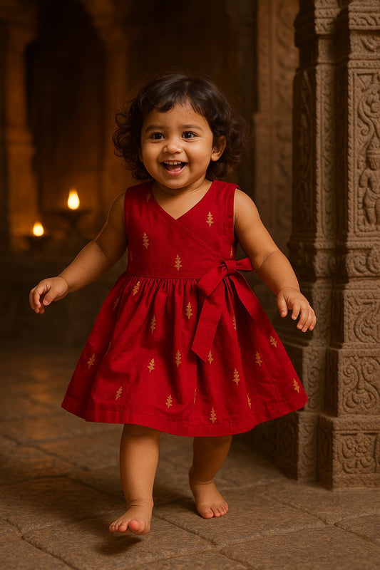 Red Blush & Beige Bliss Overlap Flared Girl Frock - (0-3years)
