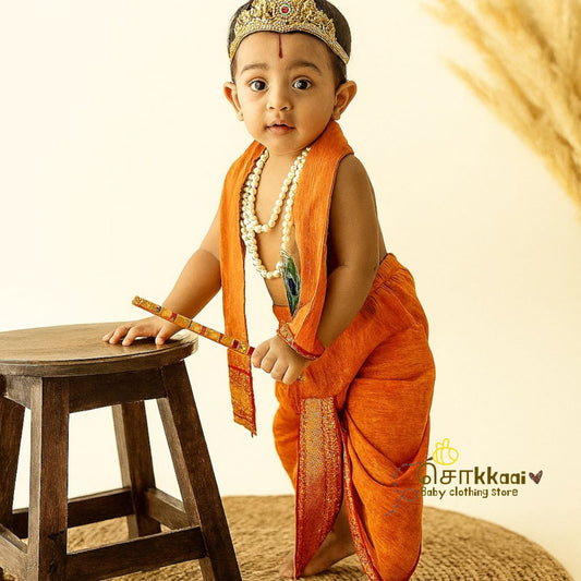 Mangalgiri Cotton Dhoti set - Red & orange (0-3years)