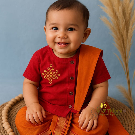 Mangalgiri Cotton Dhoti set - Red & orange (0-3years)