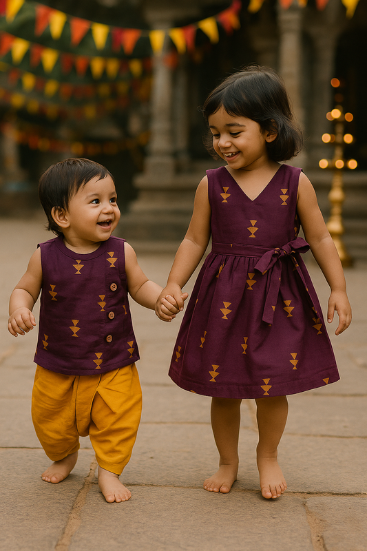 Royal Grape & Mustard Overlap Flared Girl Frock - (0-3years)